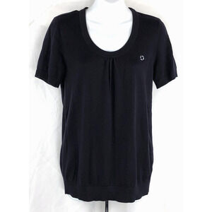 Lands End Baby doll sweater M navy blue scoopneck short sleeve viscose preppy